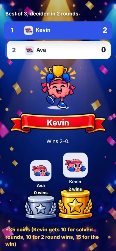 Final results of a match with a winner banner and podium