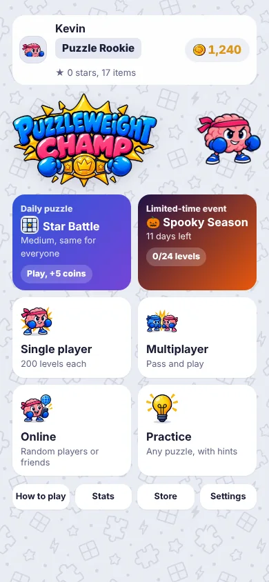 Main menu with the daily puzzle, events and game modes