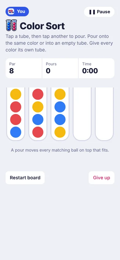 A Color Sort puzzle with tubes of colored balls