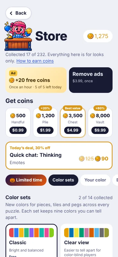 The store with avatars, colors and emotes
