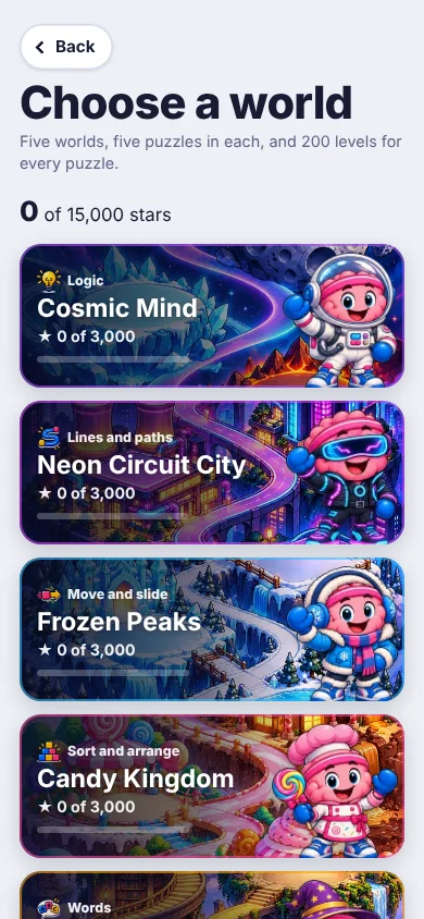 Five puzzle worlds: Cosmic Mind, Neon Circuit City, Frozen Peaks, Candy Kingdom and Lost Library