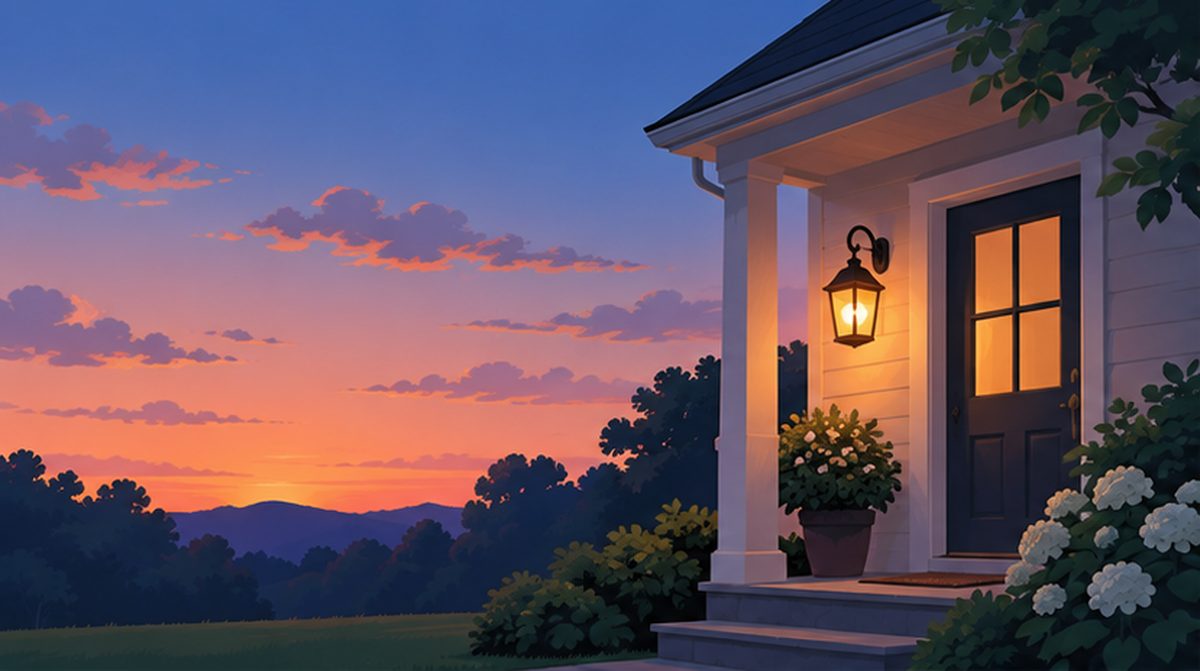 A lit porch lantern beside a front door at dusk
